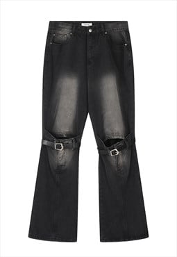 Bleached jeans flared denim buckle detail pants in black