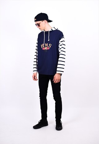 VINTAGE 90S NAVY BLUE STRIPED HOODIE SHIRT