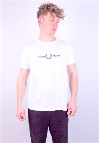 VINTAGE FRED PERRY EMBROIDERY T-SHIRT IN WHITE LARGE