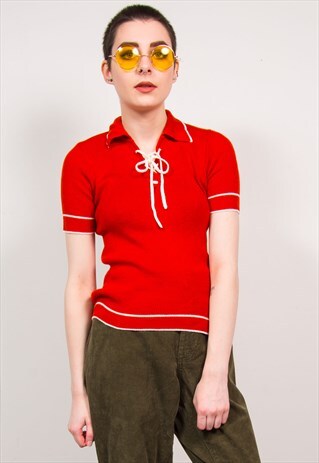 VINTAGE 70'S RED KNIT RIBBED LACE COLLAR TOP