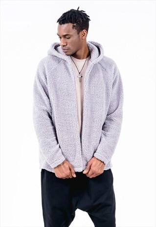 FLEECE JACKET IN FROST GREY WITH SIDE POCKETS AND HOOD