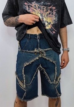 Star patchwork denim shorts ripped skater jean pants