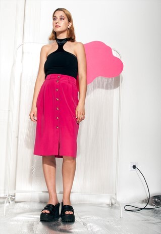 VINTAGE PENCIL SKIRT 90S BUTTON FRONT MAGENTA MIDI SKIRT