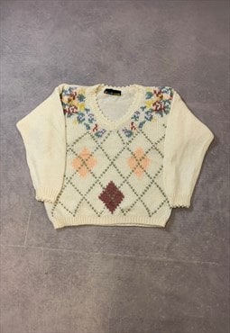 Vintage Knitted Jumper Abstract Flower Patterned Knit
