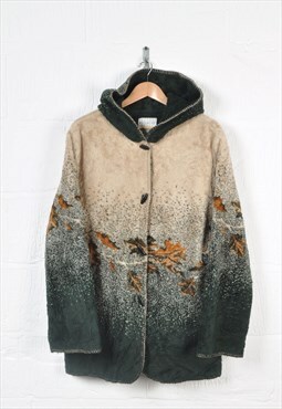 Vintage Fleece Hooded Jacket Retro Leaf Pattern Ladies Large