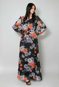 70's Vintage Ladies Long Bell Sleeve Black Floral Maxi Dress