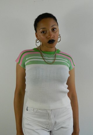 VINTAGE WHITE AND MULTI GREEN KNIT TOP