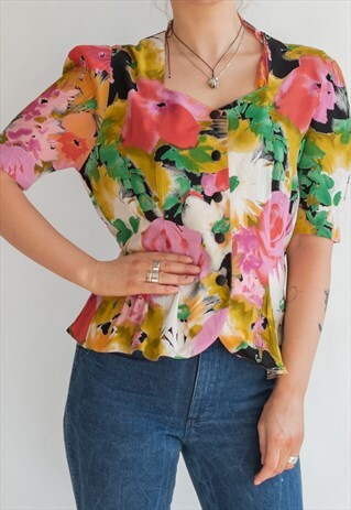 VINTAGE 80S ROMANTIC BLOUSE IN FLOWER WITH BUTTON UP FRONT
