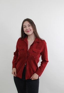 90s minimalist red blouse, vintage long sleeve crop casual