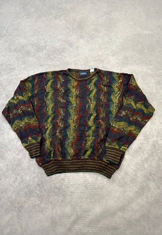 VINTAGE KNITTED JUMPER ABSTRACT PATTERNED GRANDAD SWEATER