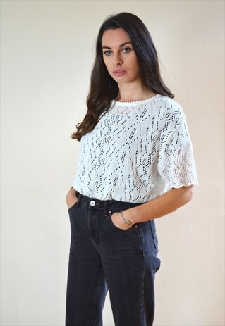 90S VINTAGE WHITE CUT OUT KNIT T SHIRT JUMPER