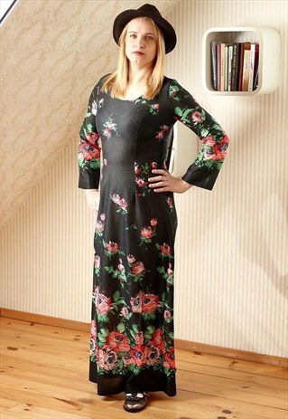 BLACK MAXI BRIGHT FLOWERS DRESS