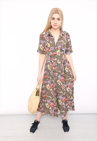 VINTAGE 90S BROWN FLORAL PRINT MIDI DRESS