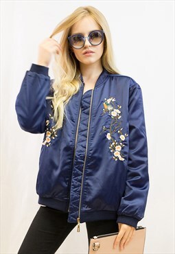Bird & Floral embroidered quilted Satin Bomber puffer Jacket