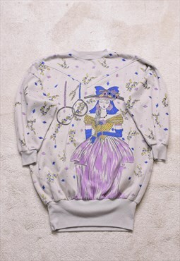 Women's Vintage 90s Beige Lady Print Sweater