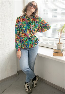 Vintage 80's Bright Multicolour Abstract Print Blouse