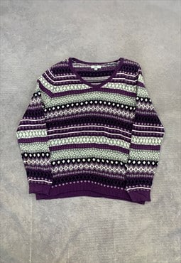 Vintage Knitted Jumper Abstract Patterned V-neck Sweater
