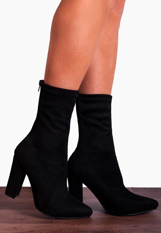 BLACK STRETCH SOCK PULL ON ZIP ANKLE HIGH HEELS BOOTS