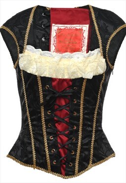 Vintage Black, Red & Off-White Boned Lace Corset - S