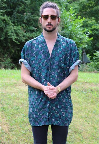VINTAGE 80S ART NERD SILK SHIRT - LARGE