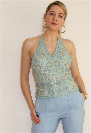90'S BABY BLUE LACE UP SEQUIN HALTER TOP