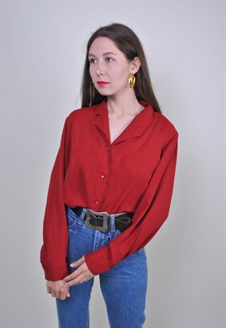VINTAGE RED BLOUSE, 90S EVENING SHIRT FOR WORK