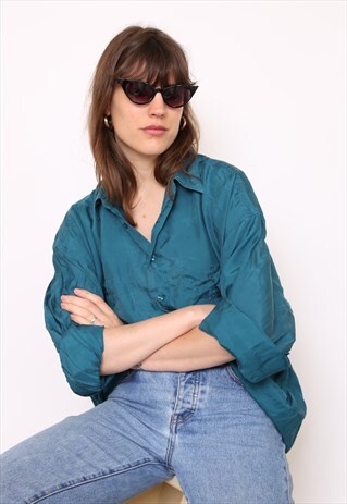 VINTAGE 90S GREEN SILK OVERSIZED BLOUSE SHIRT