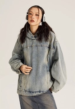 Hooded denim jacket grunge bleached jean jacket in blue 