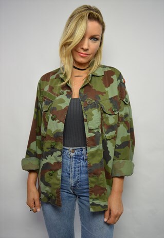 VINTAGE 90S ARMY GREEN CAMO MILITARY SHIRT PUNK ROCKER