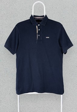 Barbour Polo Shirt Navy Blue Dress Tartan Mens Small