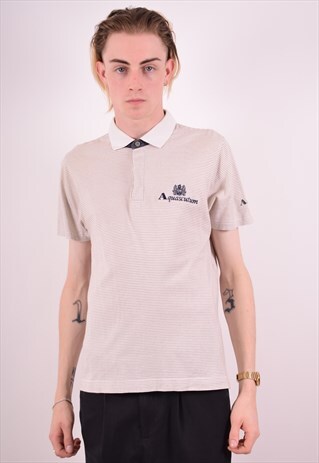 AQUASCUTUM MENS VINTAGE POLO SHIRT MEDIUM WHITE STRIPES 90S