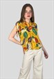 70's Yellow Floral Grecian Crepe Ladies Blouse Small