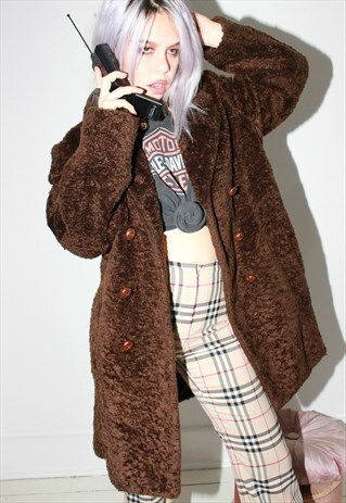VINTAGE 70S DOUBLE BREASTED BROWN FAUX FUR TEDDY JACKET