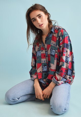 80'S RETRO ABSTRACT PRINT FESTIVAL OVERSIZED BLOUSE TOP