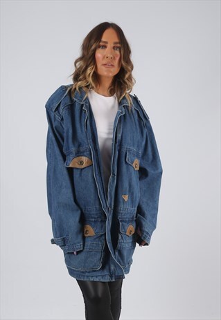 DENIM JACKET LONG OVERSIZED LONGLINE VINTAGE UK 16 (K7R)