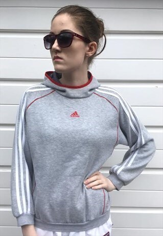 WOMENS ADIDAS GREY FESTIVAL 80S 90S HOODIE JUMPER SWEATSHIRT