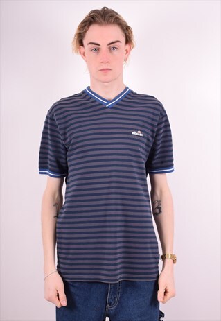 ELLESSE MENS VINTAGE T-SHIRT TOP MEDIUM BLUE STRIPES 90S
