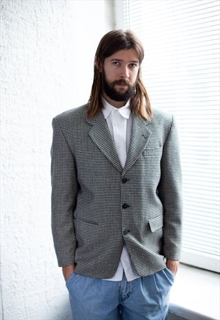 VINTAGE 80'S BLACK/WHITE HOUNDSTOOTH WOOL BLAZER