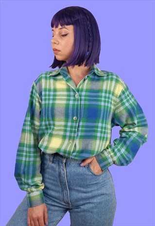 VINTAGE 80'S 90'S HAMMERLE PLAID SHIRT BLUE TURQUOISE CHECKS