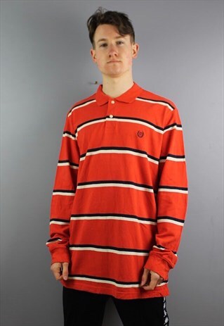 VINTAGE CHAPS POLO LONGSLEEVE IN RED WITH EMBROIDERED LOGO.
