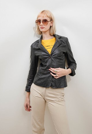 VINTAGE 90S GRUNGE DARK BROWN LEATHER BUTTON UP BLAZER S