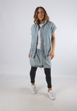 VINTAGE DENIM JACKET LONG BOMBER SLEEVELESS UK 8 XS (93Q)