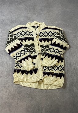 Vintage Rey Wear Knitted Cardigan Patterned Chunky Sweater