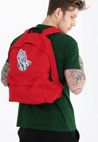 RED BACKPACK WITH WOVEN PATCH