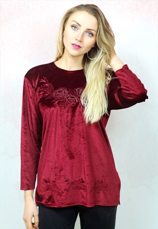1990S VINTAGE RED VELVETEEN LONG SLEEVE TOP
