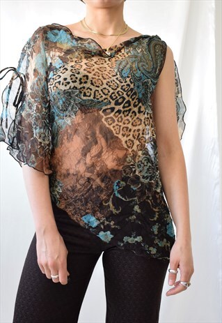 VINTAGE 00S Y2K LEOPARD TURQUOISE SHEER A SYMMETRIC TOP