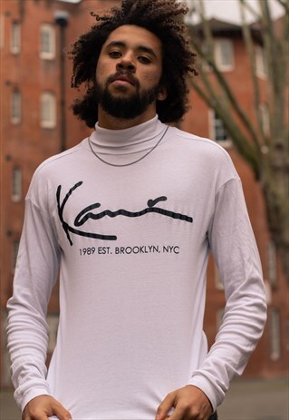 VINTAGE 90S KARL KANI SPELLOUT TURTLE NECK JUMPER IN WHITE