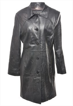 Vintage Single-Breasted Long Black Leather Jacket - M