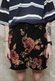 ROSE FLEECE SHORTS HANDMADE ROSE PRINT CARGO OVERALLS BLACK