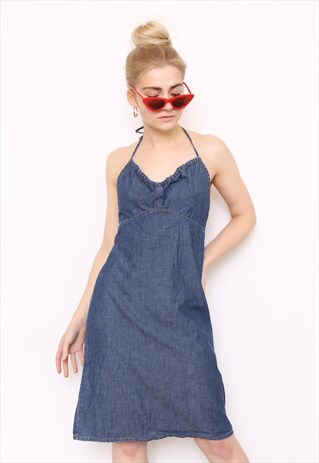 VINTAGE 90S BLUE DENIM HALTER NECK MINI DRESS